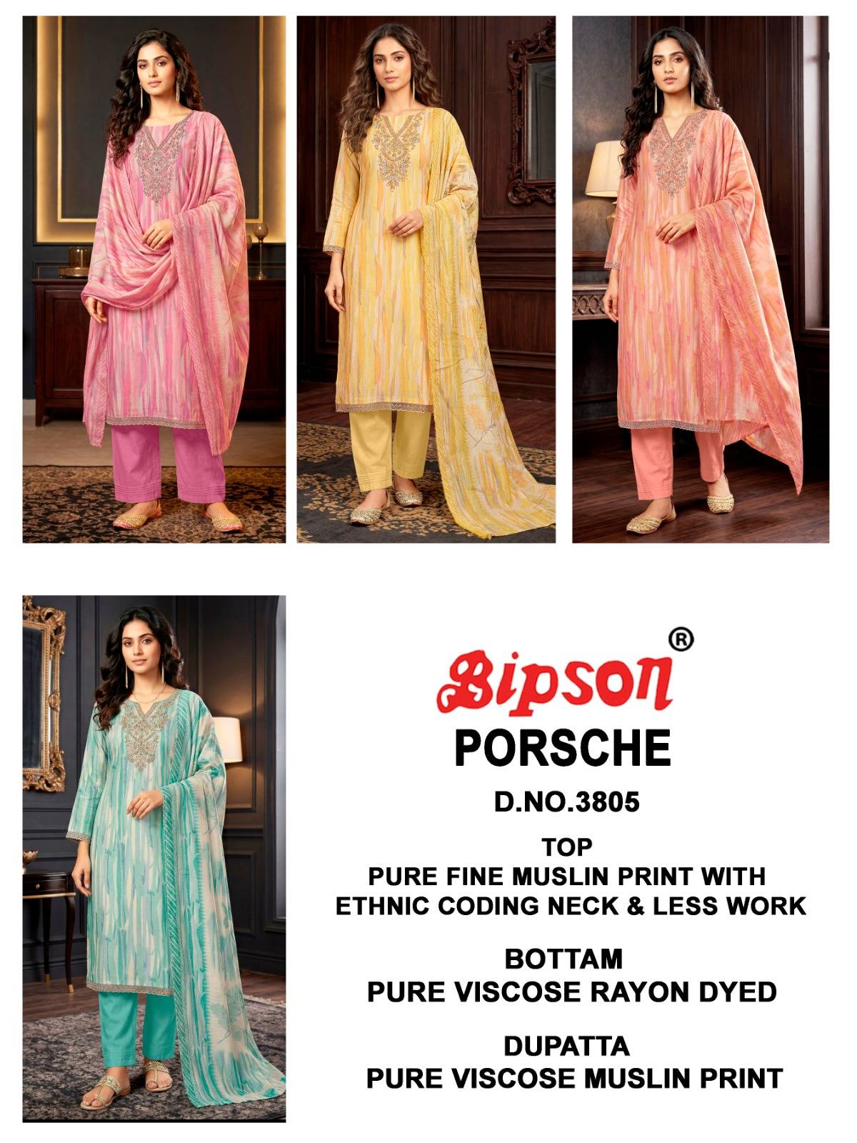 PORSCHE 3805 By BIPSON PRINTS Stylish Beautiful Colourful PREMIUM MUSLIN Dresses At Wholesale Price